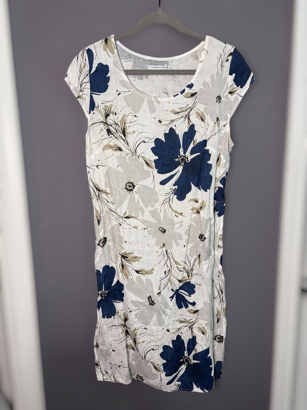 Tempo Paris Linen Blue White Floral Shift Dress XL